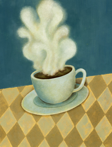 Painting of steaming cup of coffee. 