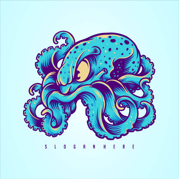 blue kraken, octopus logo design ihr merchandise - octopus tentacle isolated white stock-grafiken, -clipart, -cartoons und -symbole