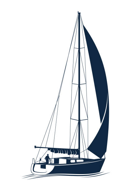 rybacka sylwetka żaglówki na falach - wycięta ikona wektora - sailboat stock illustrations