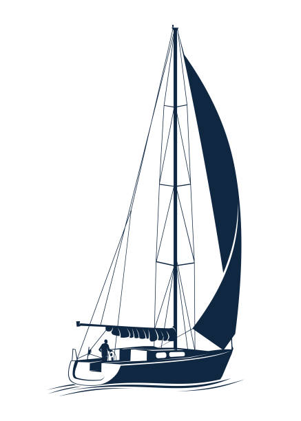 ilustrações, clipart, desenhos animados e ícones de pesqueiro silhueta veleiro em ondas - ícone vetorial cortado - sailboat nautical vessel lake sea
