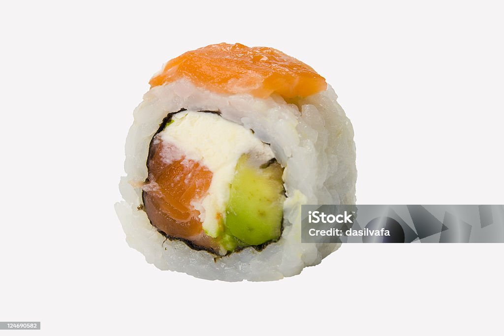 Rollo de Sushi con salmón y camarones y aguacate - Foto de stock de Aguacate libre de derechos