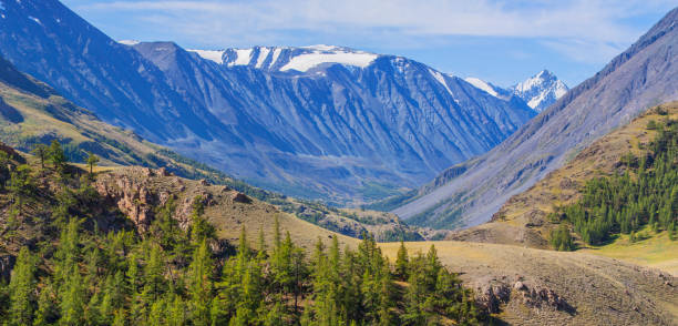 istock Panoramic mountain view, morning light. Steep slopes, snowy peaks and forest. 1246910209