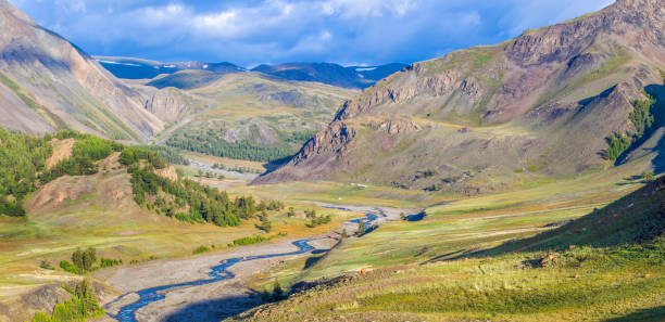 istock Mountain valley. Tundra, treeless mountain slopes, wild river. 1246910227