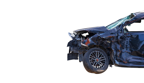 Front of black color car get big damage by accident on road. Isolated on white background. Car crash. Car clash. with copy space