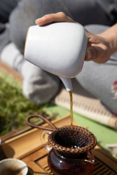 istock Tea ceremony at the outdoors camping site. Pouring some tea 1246912014