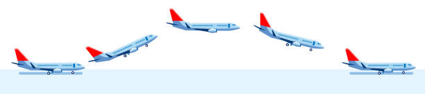 eine reihe von bildern eines flugzeugs auf der landebahn, im flug und bei der landung. - landen stock-grafiken, -clipart, -cartoons und -symbole