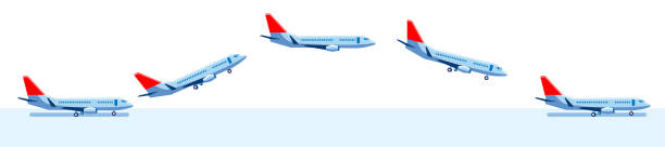 A set of images of an airplane on the runway, in flight, and landing. A set of images of an airplane on the runway, in flight, and landing. Vector set of icons on the theme of air transportation. taking off activity stock illustrations