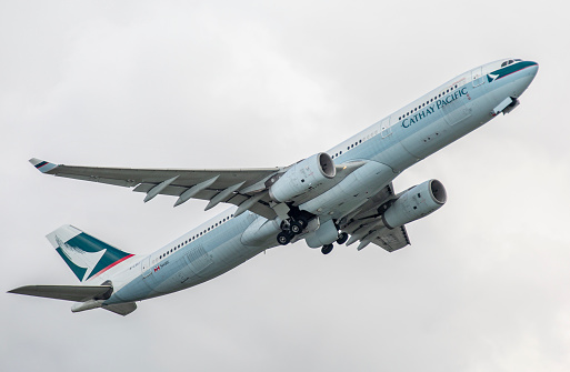 This image is of a Cathay Pacific Airways Airbus A330-343 painted in the old corporate livery departing Hong Kong International Airport. Cathay Pacific Airways Ltd. (CPA), also known as Cathay Pacific or Cathay, is the flag carrier of Hong Kong, with its head office and main hub located at Hong Kong International Airport. The airline's operations and subsidiaries have scheduled passenger and cargo services to more than 190 destinations in more than 60 countries worldwide including codeshares and joint ventures. Cathay Pacific operates a fleet consisting of Airbus A330, Airbus A350 and Boeing 777 wide-body aircraft. Cathay Pacific Cargo operates two models of the Boeing 747. Wholly owned subsidiary airline Cathay Dragon operates to 44 destinations in the Asia-Pacific region from its Hong Kong base. In 2010, Cathay Pacific and Cathay Pacific Cargo, together with Cathay Dragon, carried nearly 27 million passengers and over 1.8 million tons of cargo and mail.