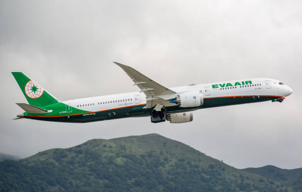 Eva Air Boeing 787 This image is of an Eva Air Boeing 787-10 departing out of Hong Kong international airport. EVA Air Corporations, of which "EVA" stands for Evergreen Airways, is a Taiwanese international airline based at Taoyuan International Airport near Taipei, Taiwan, operating passenger and dedicated cargo services to over 40 international destinations in Asia, Australia, Europe, and North America. EVA Air is largely privately owned and flies a fully international route network. It is a 5-star airline, rated by Skytrax. It is the second largest Taiwanese airline. EVA Air is headquartered in Luzhu, Taoyuan City, Taiwan. airfoil photos stock pictures, royalty-free photos & images