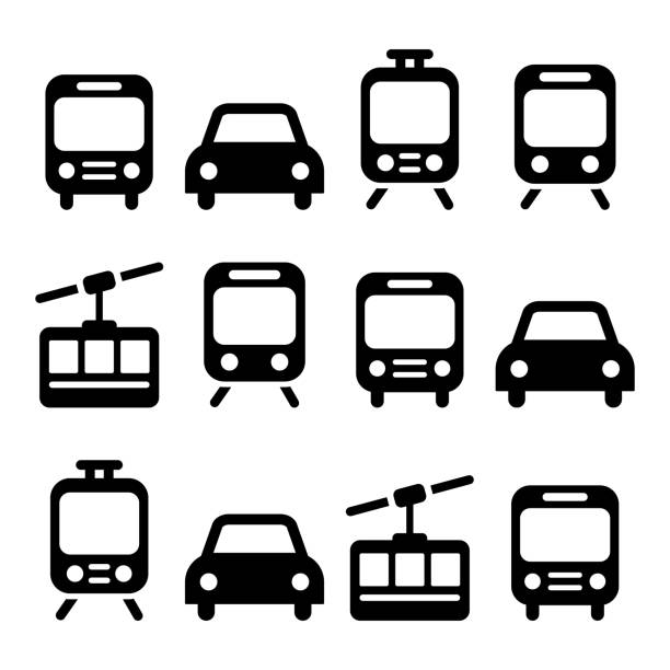 Transport, travel vector icon set isolated on white - car, bus, tram, train, gondola Vehicle, transportation, holidays black icons isolated on white aerial tramway stock illustrations