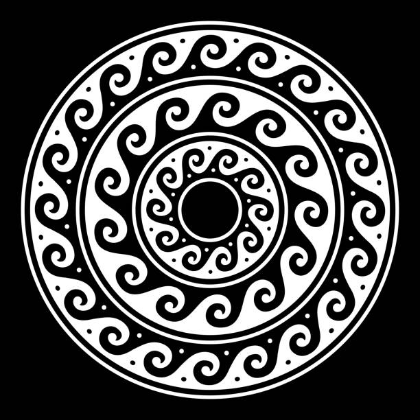 ilustraciones, imágenes clip art, dibujos animados e iconos de stock de griego vector mandala, arte de serpenteante redondo antiguo en blanco sobre fondo negro - key pattern