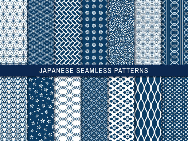 ilustraciones, imágenes clip art, dibujos animados e iconos de stock de patrón japonés wagara set azul 1 - sewing pattern