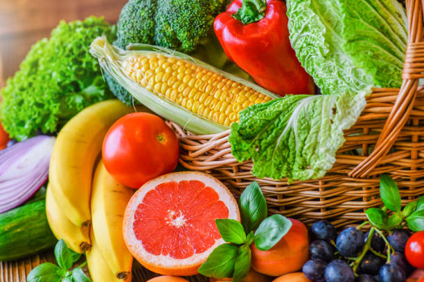 istock Composition with assorted raw organic fresh vegetables. Assortment of fruits and vegetable. 1246919697