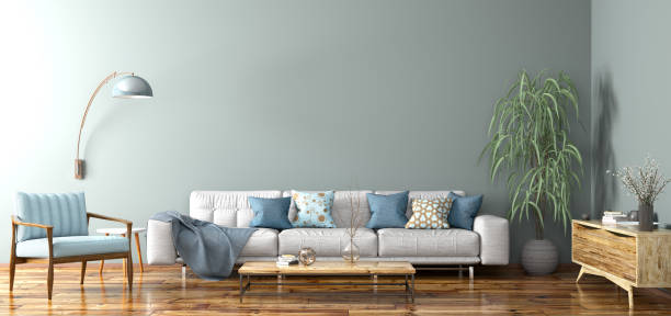 istock Interior design of modern apartment, living room 3d rendering 1246920376
