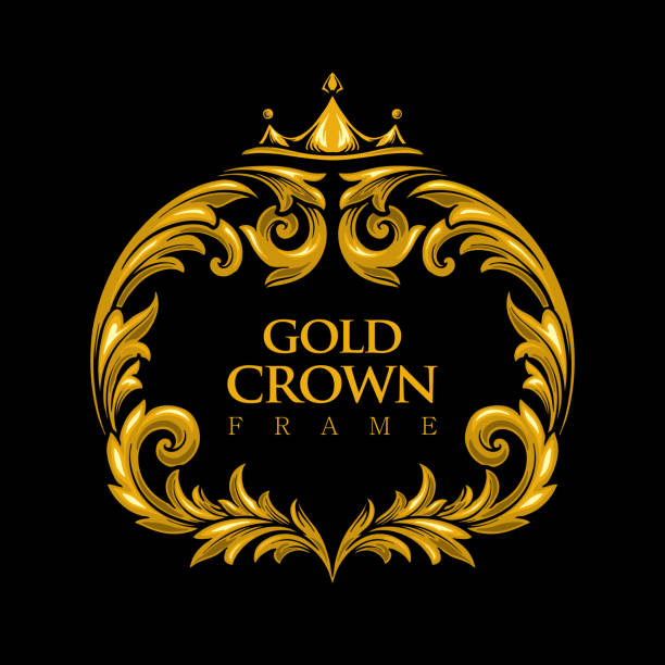 роскошная коллекция gold logo crown frame с закрученными орнаментами для вашего отеля и бизнеса - crown frame gold swirl stock illustrations