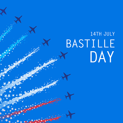 French Military Parade for the Bastille Day on 14th July with aerobatics demonstration in clear blue sky, forming blue, white and red smoke trail