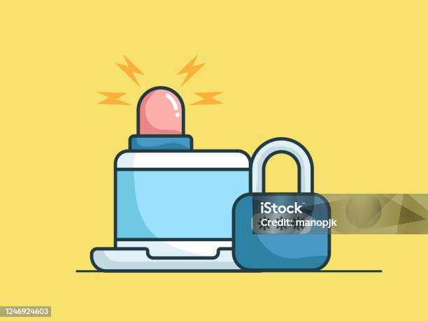 Cyber Security Concept Laptop With Key Locked And Siren Light Stock Illustration - Download Image Now