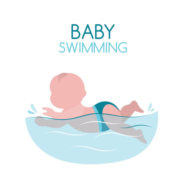 ilustraciones, imágenes clip art, dibujos animados e iconos de stock de bebé de dibujos animados nadando sobre un fondo blanco. niño nadador en la piscina - bebe bañandose