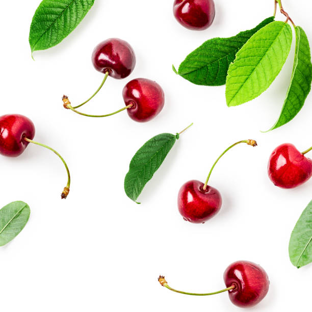 istock Cherry fruits and leaves creative layout 1246928047