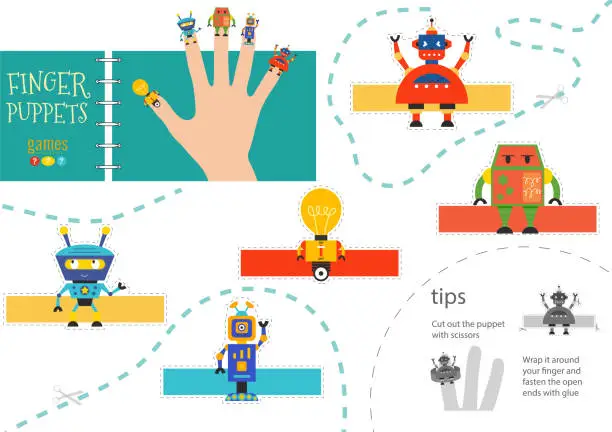 Vector illustration of Vector robotics as finger puppets. Cut and glue educational activity for preschool kids