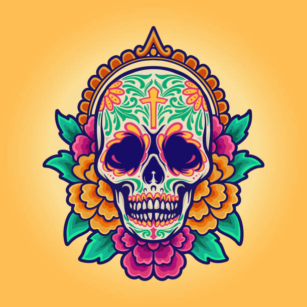 ilustraciones, imágenes clip art, dibujos animados e iconos de stock de mexican skull cinco de mayo, dia de los muertos - rood