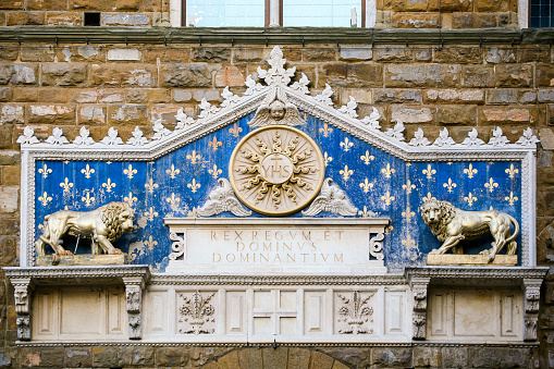 Florence, Italy, March 20 --  A detail of the doorway on the facade of Palazzo Vecchio, in Piazza della Signoria, with the drawings and sculptures of the lily, the flower symbol of economic, political and militarist rule of the Medici dynasty in the ancient Florence.