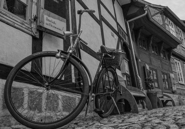 view of historical and ancient house in touristic city of Quedlinburg (Germany) in black and white