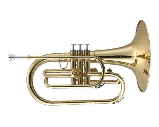 mellophone dorado, mellophones, instrumento de música de latón aislado sobre fondo blanco - instrumento de metal fotografías e imágenes de stock