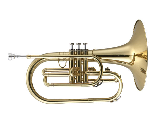 골든 멜로폰, 멜로폰, 황동 악기 화이트 배경에 고립 - trombone 뉴스 사진 이미지