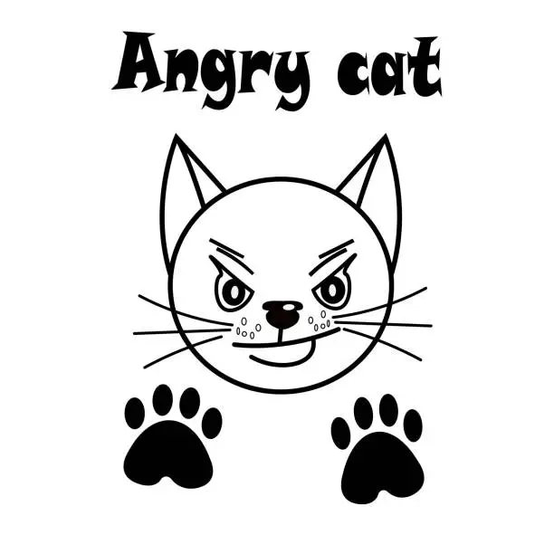 Vector illustration of card with a cat. From the series are different characters of pets. The text is an angry cat. Sly and impudent face, is not afraid of anything, two black paws are nearby. Lint art, vector illustration