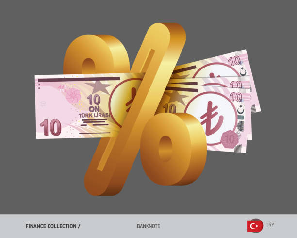 illustrazioni stock, clip art, cartoni animati e icone di tendenza di denaro trasferito a un istituto di credito per ricevere redditi sotto forma di interessi. 10 lira turca. illustrazione vettoriale in stile piatto. - number 10 gold business paper currency