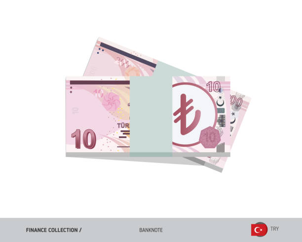 illustrazioni stock, clip art, cartoni animati e icone di tendenza di 10 banconote in lira turca. un pacchetto di soldi. illustrazione vettoriale in stile piatto. - l flag