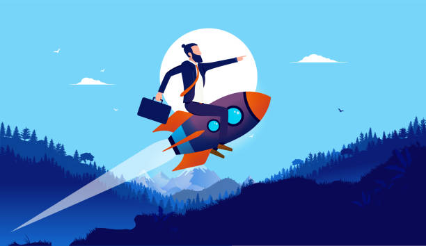 Businessman on rocket in landscape Man flying on spaceship up hill in high speed with landscape in background. Boost your business, startup growth and progress concept. Vector illustration. independence illustrations stock illustrations