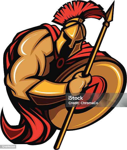 Spartan Trojan Mascot Cartoon With Spear And Shield Stock Illustration - Download Image Now