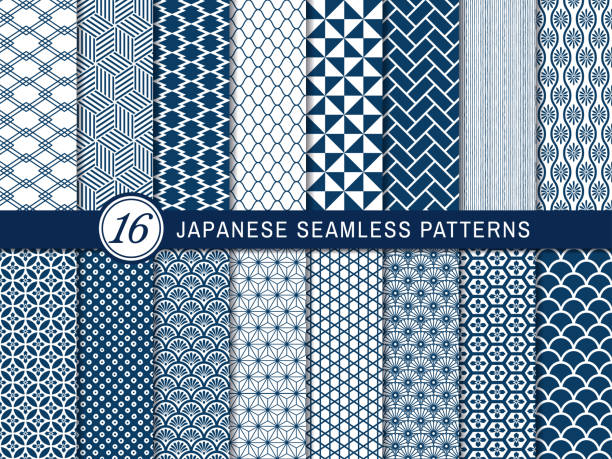 ilustraciones, imágenes clip art, dibujos animados e iconos de stock de patrón japonés wagara set azul 4 - sewing pattern