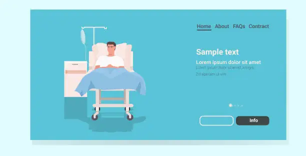 Vector illustration of ill man patient lying on bed in hospital ward medicine health care concept full length horizontal copy space