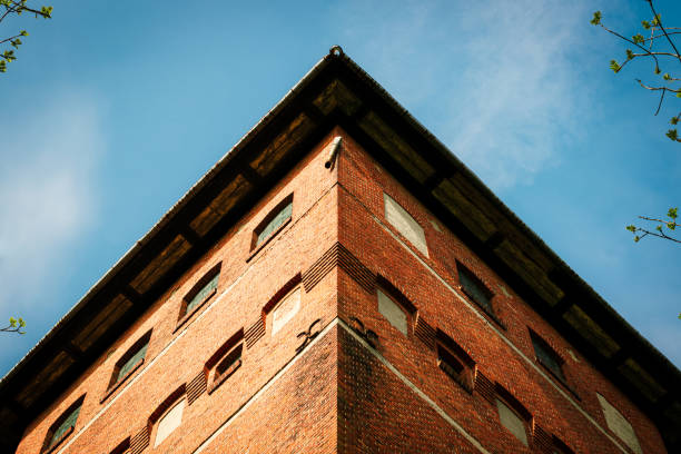 Old brick water tower. Foliage, head.