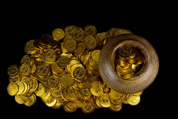pile of gold coin in old brass bucket pot isolated on white background 3d element