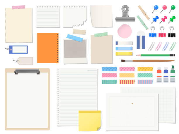 zestaw papeterii nagłówków i ramek papieru - bulletin board note pad thumbtack office supply stock illustrations