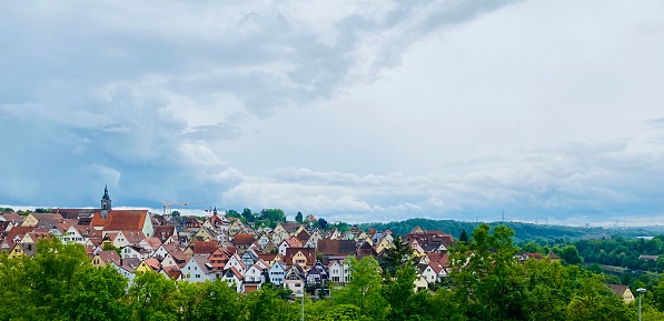 Medieval german town in springtime, dramatic sky