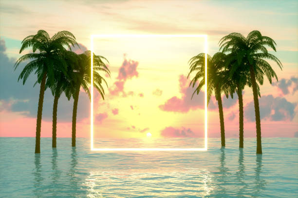 istock Empty Frame Neon Lights with Palm Trees on the Sea, Summer Concept 1246976642