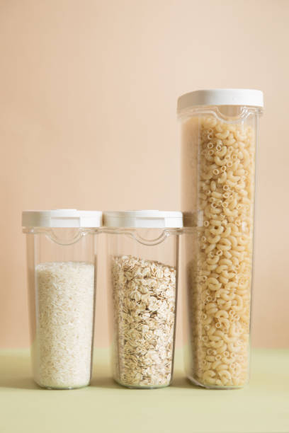 istock Plastic containers with cereals. Home storage products. Rice, oat and pasta. 1246977702