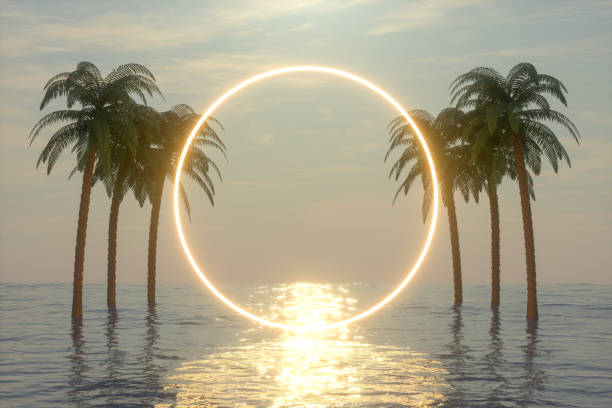 istock Empty Frame Neon Lights with Palm Trees on the Sea, Summer Concept 1246977712
