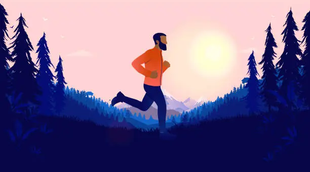 Vector illustration of African American man jogging outdoors in landscape with sun and beautiful view in background