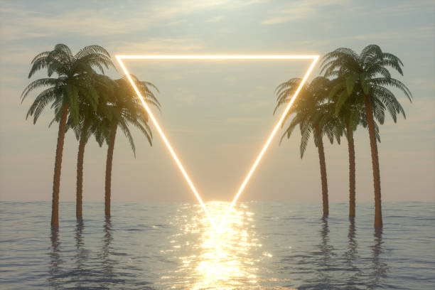 istock Empty Frame Neon Lights with Palm Trees on the Sea, Summer Concept 1246979318