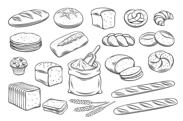 Bread outline icons Bread outline icons. Drawing rye, whole grain and wheat bread, pretzel, muffin, pita , ciabatta, croissant, bagel, toast bread, french baguette for design menu bakery. bun bread stock illustrations