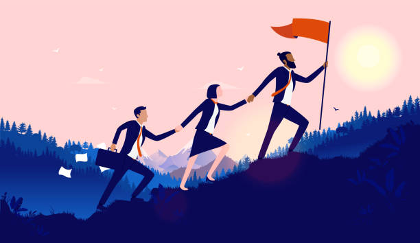 Teamwork diversity - A small group of businesspeople walking up hill to plant flag at the top Successful, international multiethnic team working towards goal concept. Vector illustration. goals stock illustrations