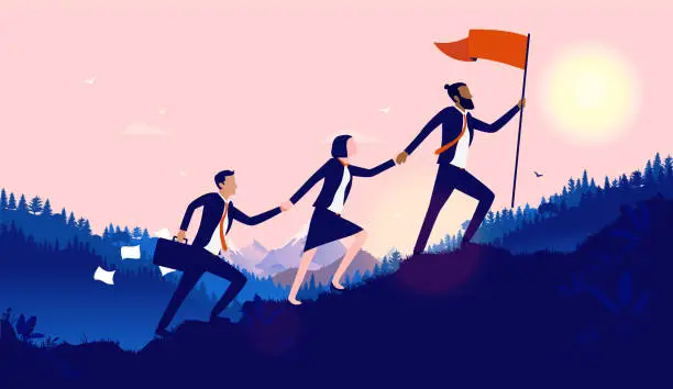 Vector illustration of Teamwork diversity - A small group of businesspeople walking up hill to plant flag at the top