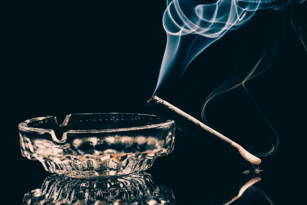 istock A cigar burning in glass ashtray with visible smoke on black background. Studio shot . Low key photo . 1246984655