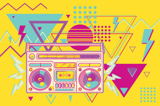 illustrations, cliparts, dessins animés et icônes de funky coloré des années 80 design de musique boombox - 1980s style audio
